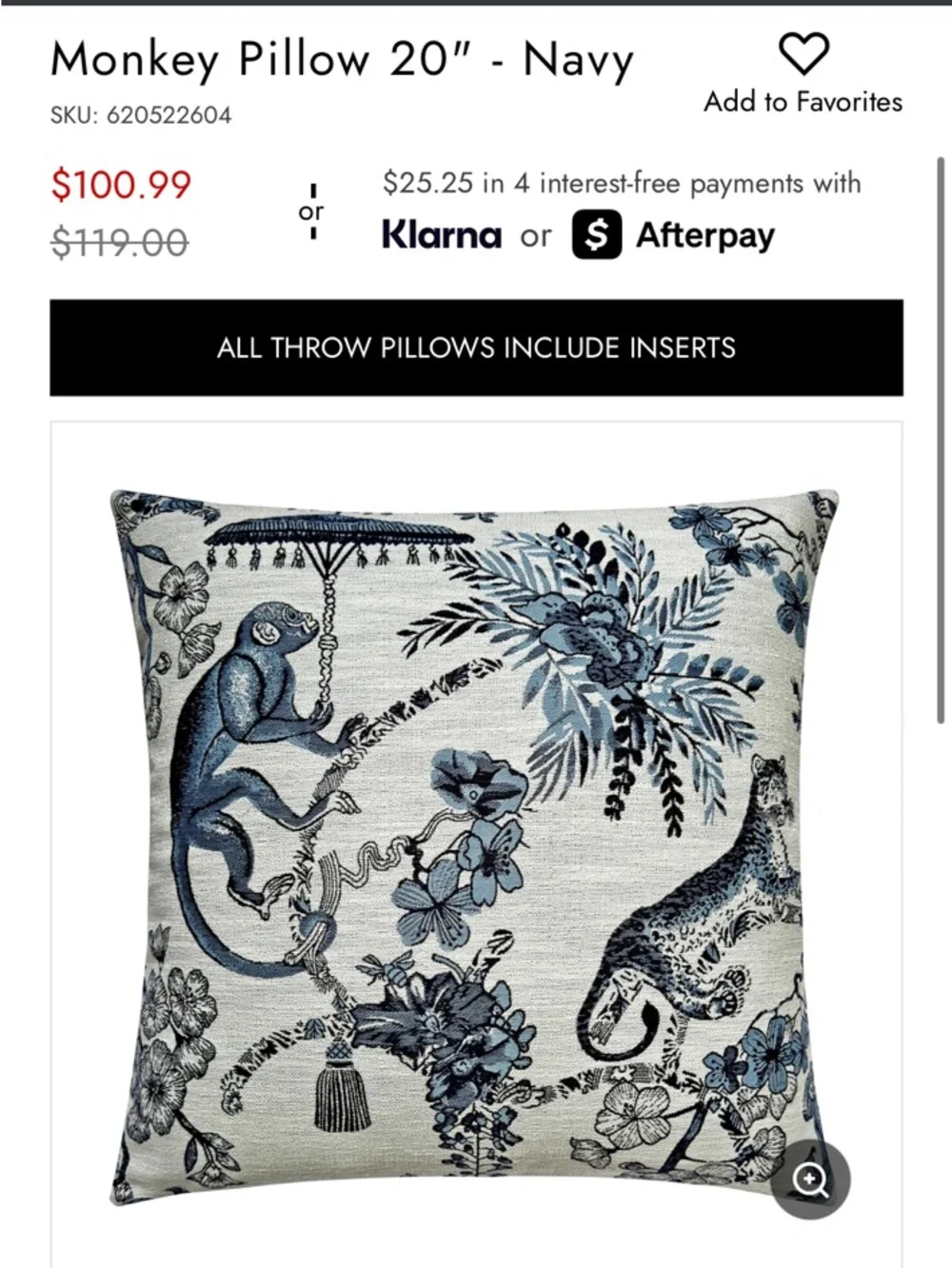 Z Gallerie 20” Navy Monkey Jacquard Decorative Pillow
